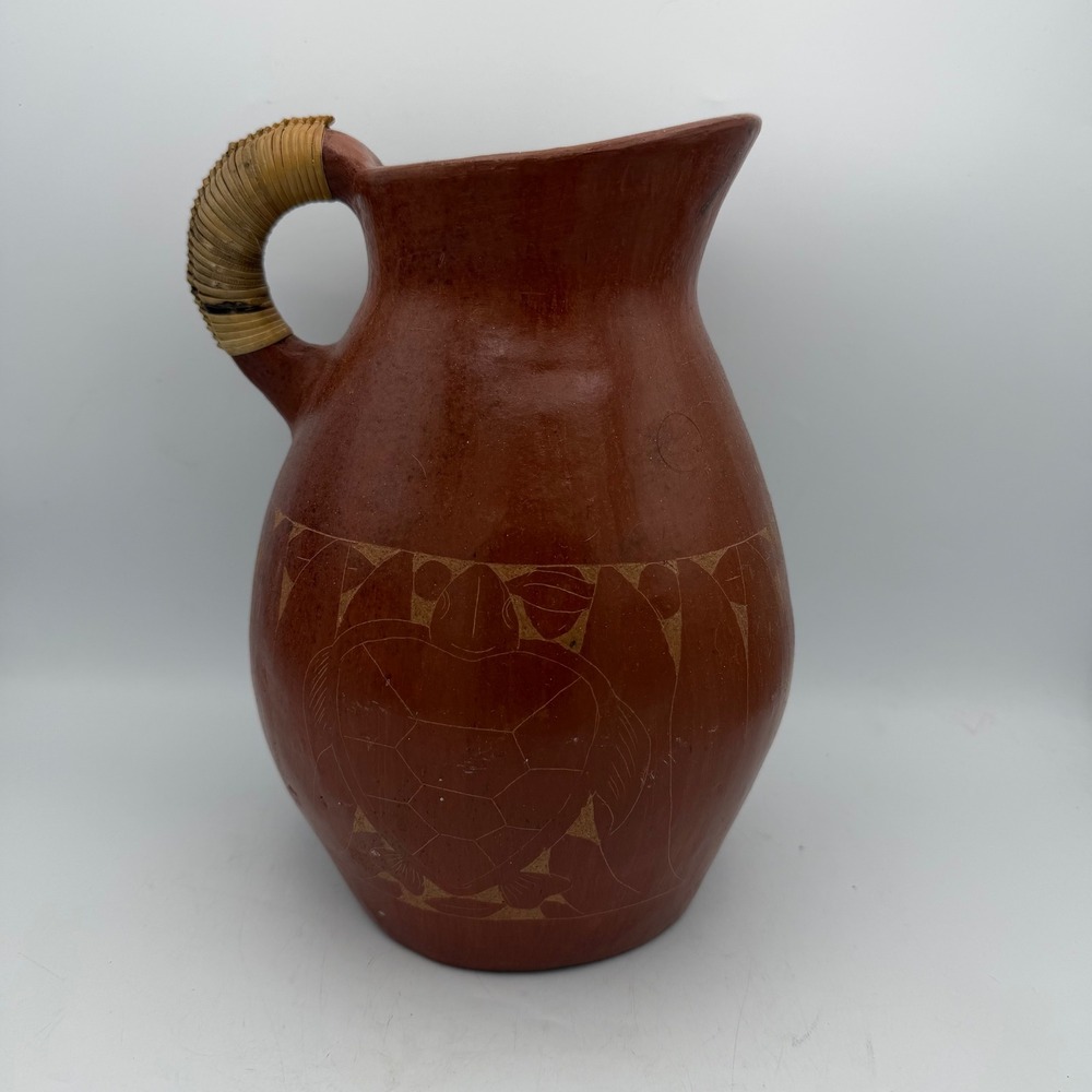 Vintage Red Clay Pottery Pitcher Etched Sea Turtle Wicker Handle Terracotta Vase